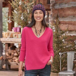 SUNDANCE Rowan 100% Cashmere Pullover Sweater V-neck Ribbed Barbie Pink Size L